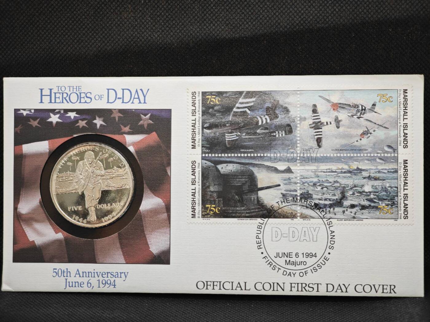 【淘币小摊】限时拍第八百零七拍  克朗币邮币封场  满百包邮可预留两周  周一统一发货    马绍尔群岛1994年诺曼底登陆50周年5元纪念币邮币封