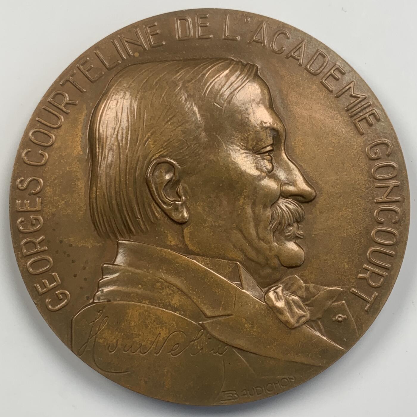 掌中浮雕-藏着的欧洲第043场 1929年法国乔治·库尔特兰纪念大铜章，68mm，背面：库尔特兰作品《生活的傀儡》