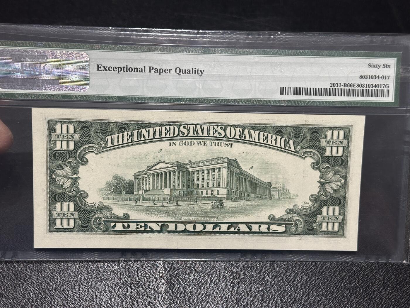 《外钞收藏家》第五百八十七期（精选场）（本平台长期征集拍品、欢迎藏友们联系合作） 1995年美国小头版10美元 PMG66 无47 靓号 33995599