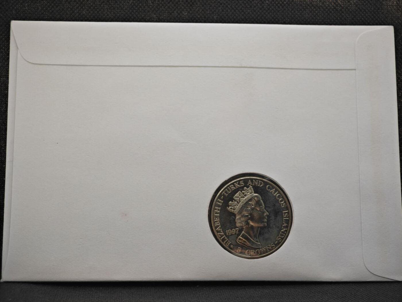 【淘币小摊】限时拍第八百零七拍  克朗币邮币封场  满百包邮可预留两周  周一统一发货   特克斯凯科斯1997年女王金婚5克朗纪念币邮币封