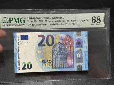 《外钞收藏家》第五百八十七期（精选场）（本平台长期征集拍品、欢迎藏友们联系合作） - 2015年四签20欧元 PMG68高分 靓号