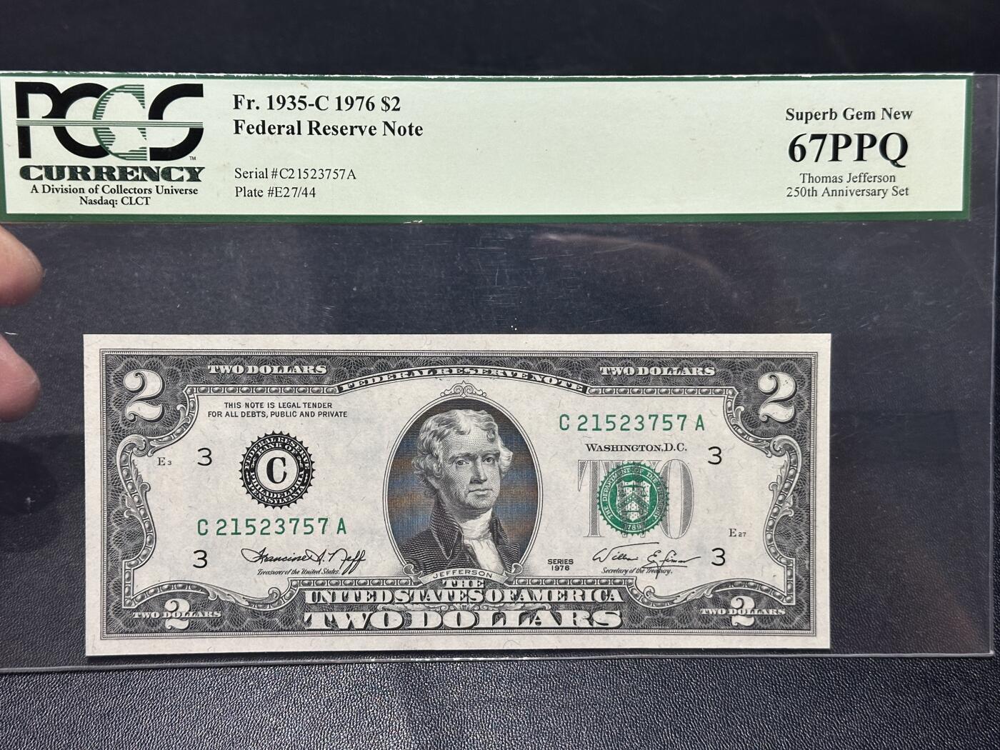 《外钞收藏家》第五百八十七期（精选场）（本平台长期征集拍品、欢迎藏友们联系合作） 1976年美国2美元 绿标PCGS67 尾57