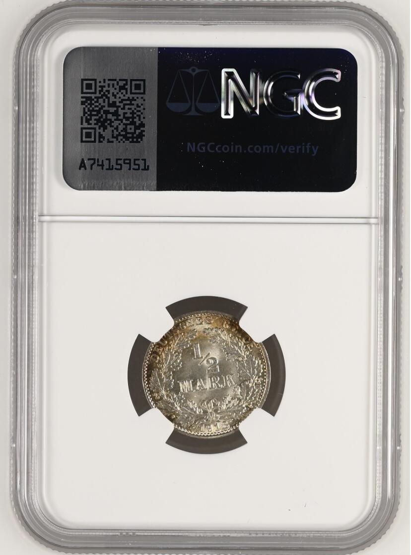 【德藏】世界币章拍卖第154期（拍品征集中~欢迎藏友联系） 1918年D厂 德国巴伐利亚1/2马克银币 NGC MS66 五彩包浆 顶级品相状态