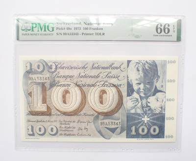 古楚泉社世界钱币专场NO.2 - PMG66瑞士1973年第五版巨幅100法郎纸币(99A53343)圣马丁割袍