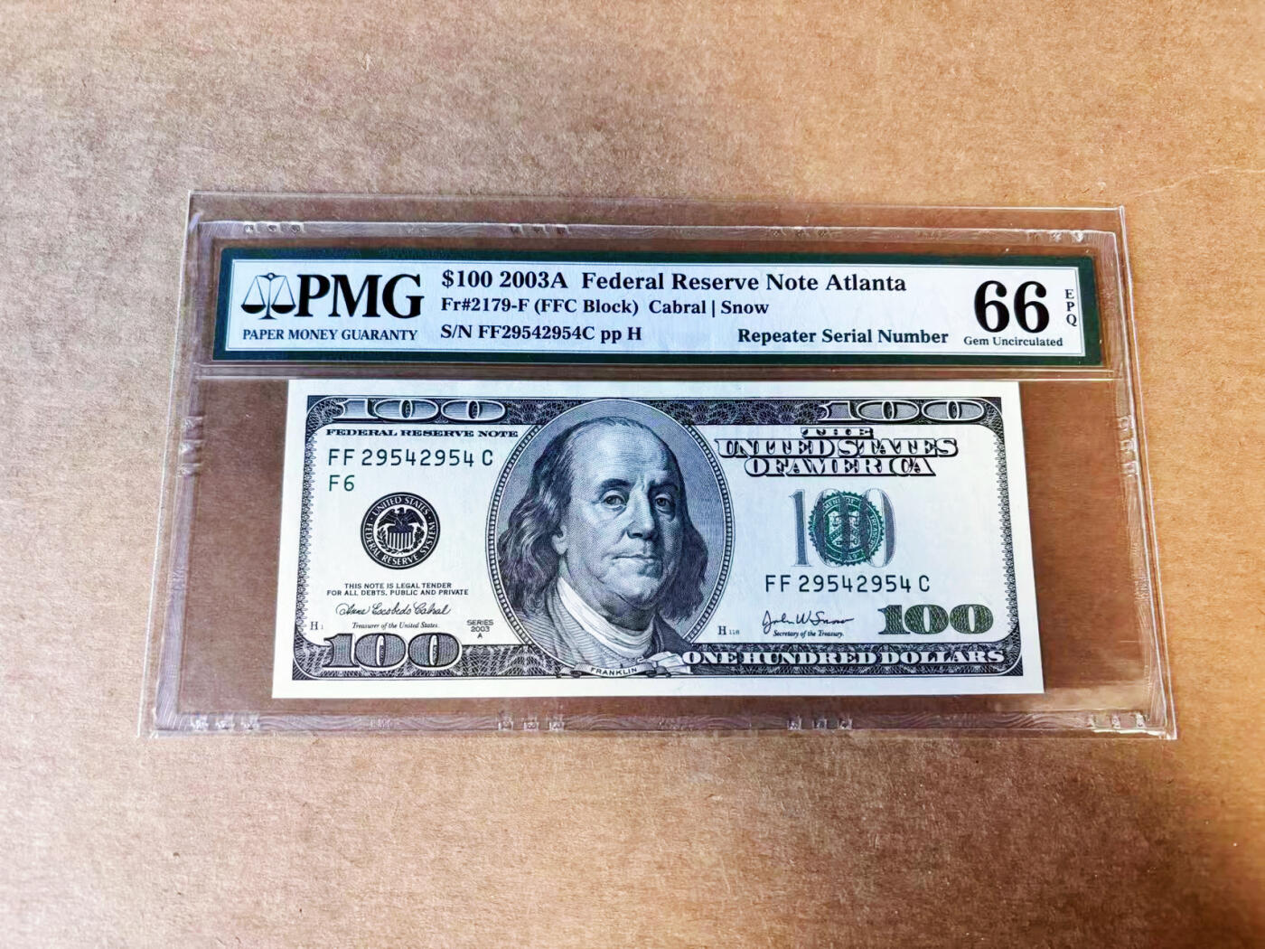 【Blue Auction】世界纸币精拍第754期——18级TOP拍卖/信誉/品质/专业/高效💫 美国 2003年100美金 PMG66EPQ 