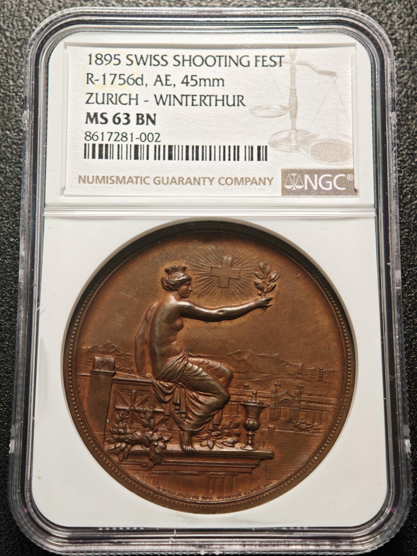 【德藏】世界币章拍卖第154期（拍品征集中~欢迎藏友联系） 1895年 瑞士温特图尔射击节女神铜章 NGC MS63 精美绝伦 品相状态不错