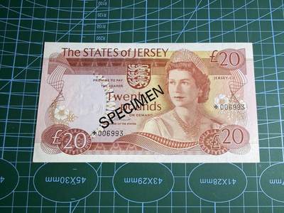 【炜奕收藏】，第五十一期 - 泽西20镑样钞，UNC-品相，部分压根，大冠女王