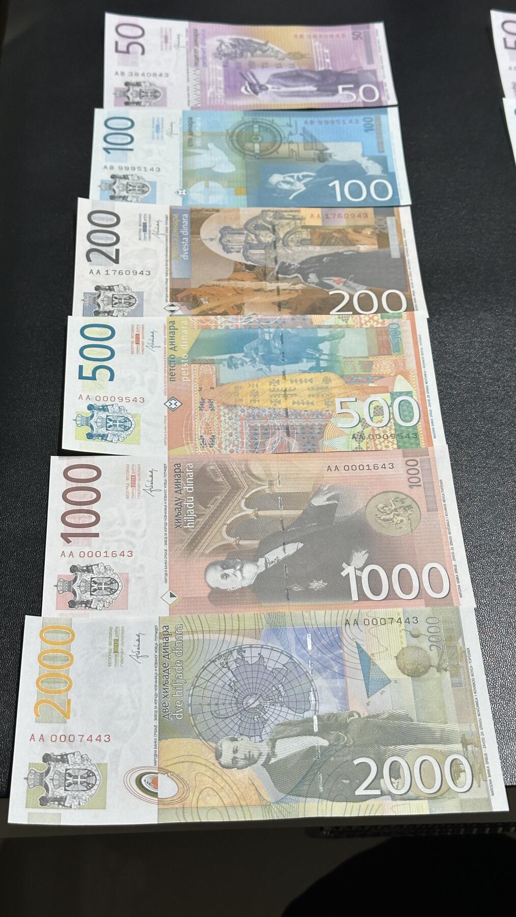 《外钞收藏家》第五百八十七期（精选场）（本平台长期征集拍品、欢迎藏友们联系合作） 2014年塞尔维亚50-2000第纳尔 六张一起 全新UNC 尾两同43 有4张是千位号 AA冠