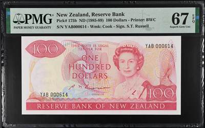 《艾美收藏》第221期-11.23周日黄金场精品荟萃 - 新西兰1985年首发YAB冠100元最高值PMG67E亚军分百位614号，冠军68分仅1张，花冠女王 Pick175b二签
