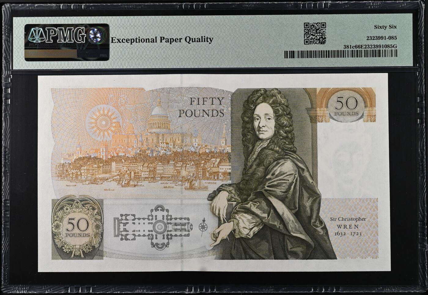 《艾美收藏》第221期-11.23周日黄金场精品荟萃 英国D序列1991-93年50镑PMG66E无4 Pick#381c 背面克里斯托弗·雷恩爵士