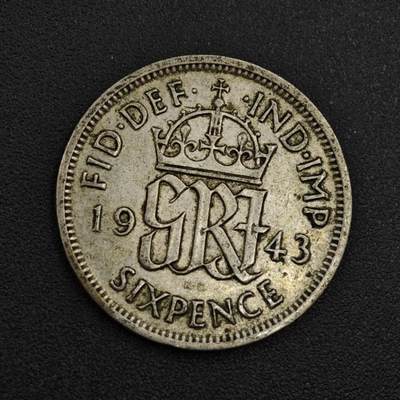 【淘币小摊】实时拍第八百零四拍   散币银币场   满百包邮可预留二周 每周一统一发货   - 英国1943年乔治六世6便士银币