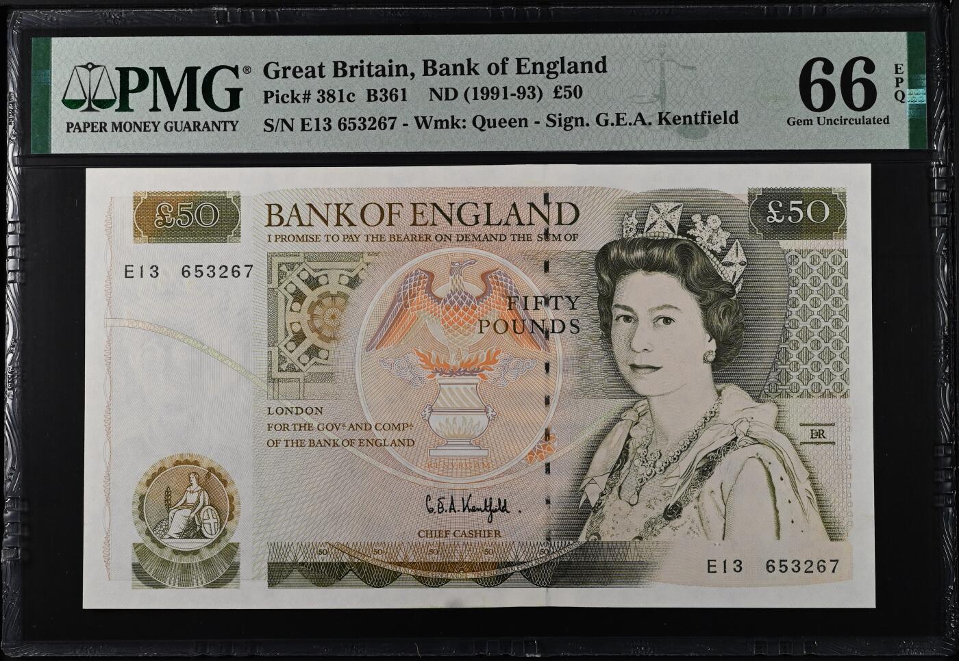 《艾美收藏》第221期-11.23周日黄金场精品荟萃 英国D序列1991-93年50镑PMG66E无4 Pick#381c 背面克里斯托弗·雷恩爵士