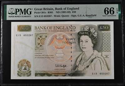《艾美收藏》第221期-11.23周日黄金场精品荟萃 - 英国D序列1991-93年50镑PMG66E无4 Pick#381c 背面克里斯托弗·雷恩爵士
