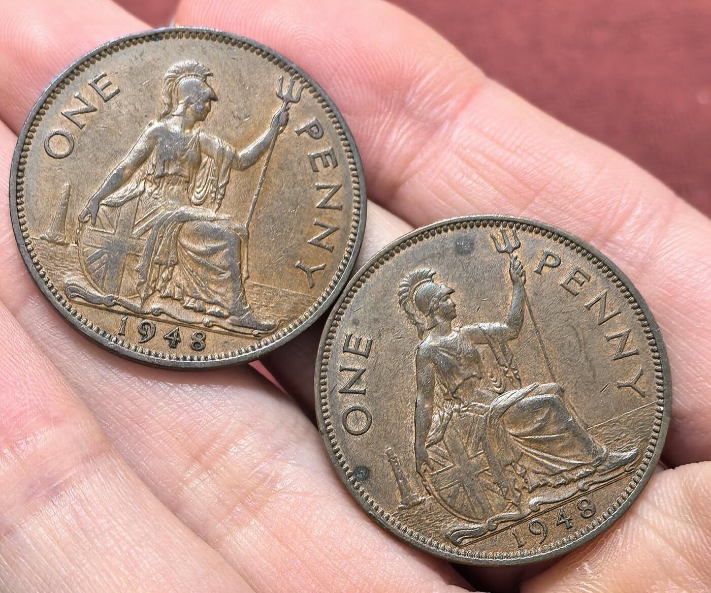 南宋泉阁俄币 外币 国币 专场第十九期 【送拍无额外佣金】 英国 1948年 乔治六世1便士铜币一对 好品 字口不错