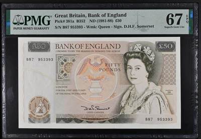 《艾美收藏》第221期-11.23周日黄金场精品荟萃 - 英国D序列1981年50镑最高值PMG67E亚军分无4 D.H.F. Somerset签名 Pick#381a