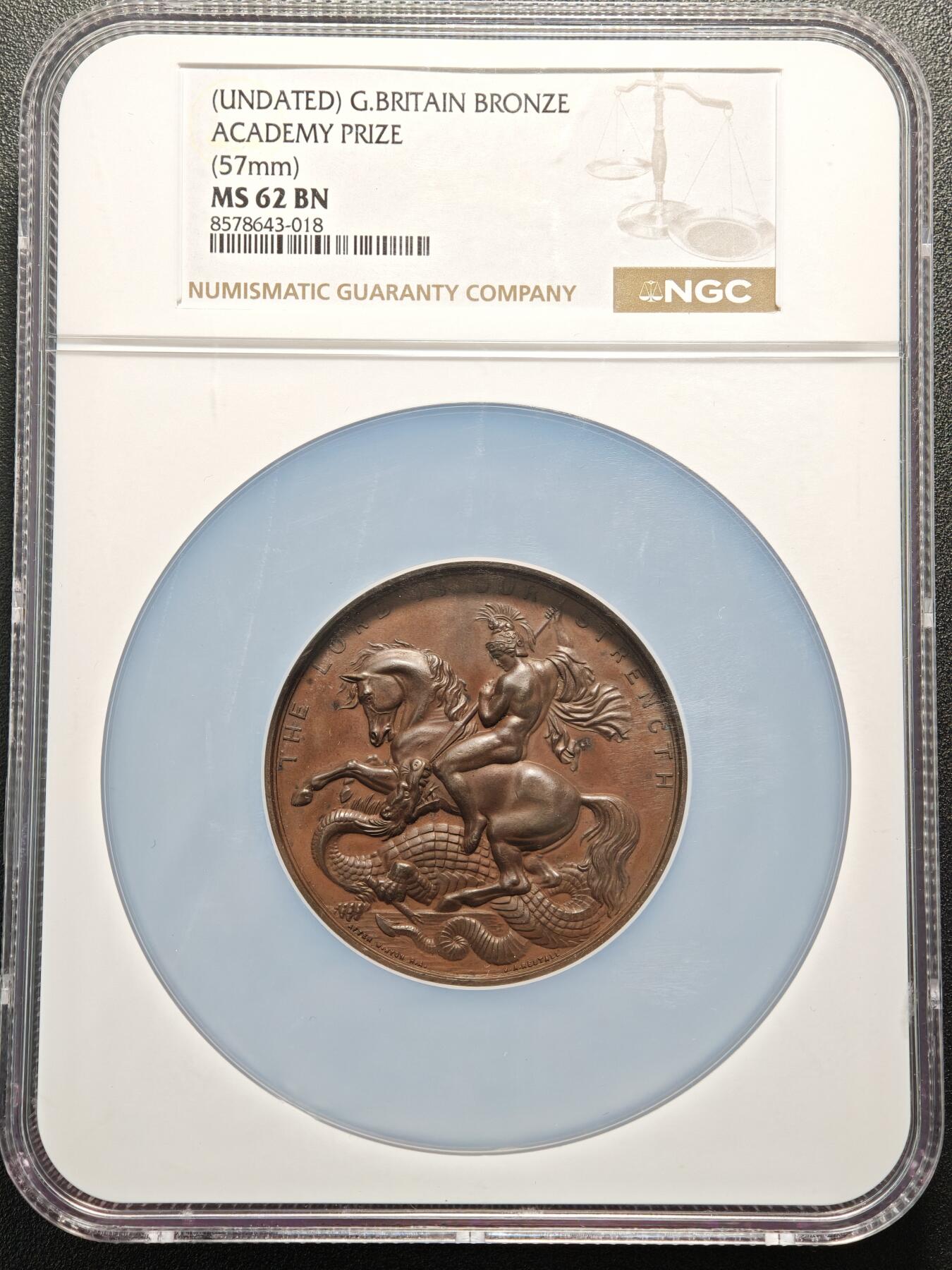 【德藏】世界币章拍卖第154期（拍品征集中~欢迎藏友联系） 19世纪 英国学院圣乔治屠龙大铜章 57mm NGC MS62 名家设计 低评好品好状态 