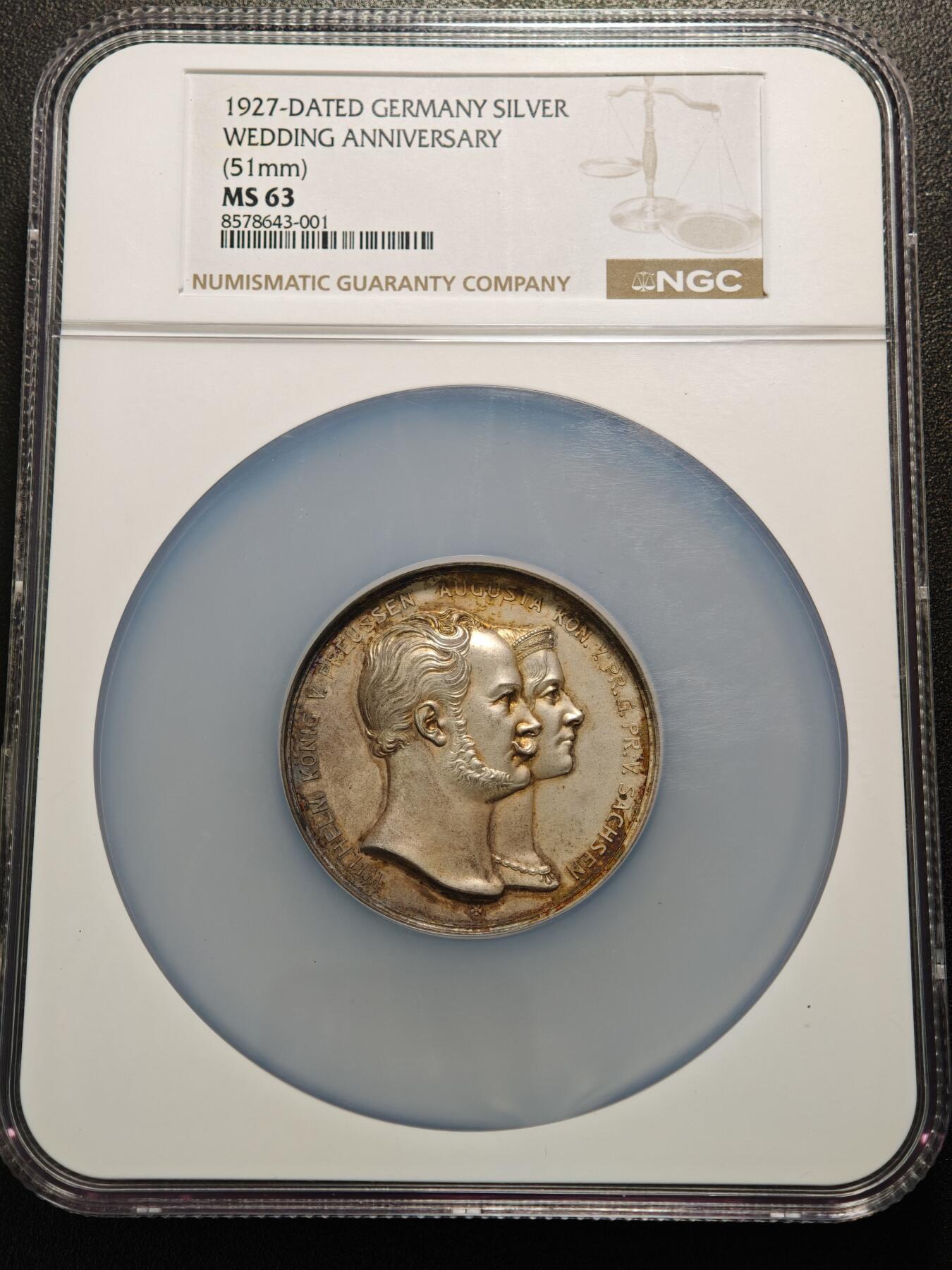 【德藏】世界币章拍卖第154期（拍品征集中~欢迎藏友联系） 1927年 德国普鲁士威廉一世结婚纪念大银章 51mm NGC MS63 原味黄油彩包浆 品相状态一流
