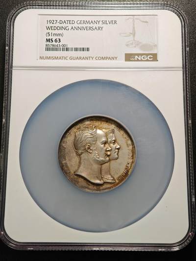 【德藏】世界币章拍卖第154期（拍品征集中~欢迎藏友联系） - 1927年 德国普鲁士威廉一世结婚纪念大银章 51mm NGC MS63 原味黄油彩包浆 品相状态一流