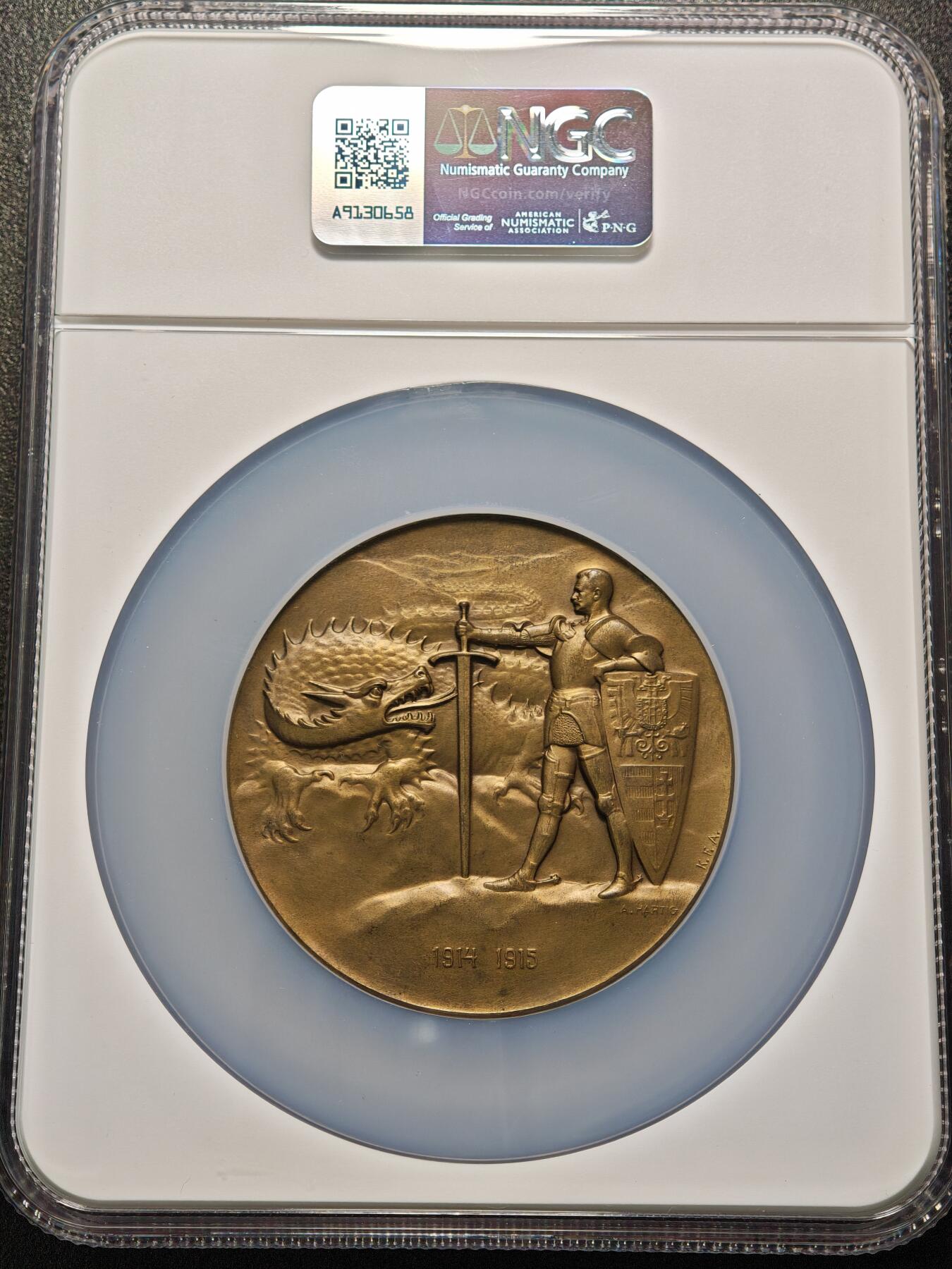 【德藏】世界币章拍卖第154期（拍品征集中~欢迎藏友联系） 1915年 奥地利赫岑多夫伯爵屠龙纪念大铜章 65mm NGC MS64 人物形象生动 厚重压手