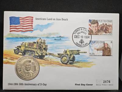 【淘币小摊】限时拍第八百零七拍  克朗币邮币封场  满百包邮可预留两周  周一统一发货  -    特克斯凯科斯1994年诺曼底登陆50周年5克朗纪念币邮币封