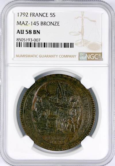 【雨安】【直播拍卖】【世界币章116期-评级币】2025-11-22 周六 19:30 保真 - [评级法国] France 法国 Token 5索尔 KM# Tn31 1792年 大革命莫奈龙  NGC-AU58