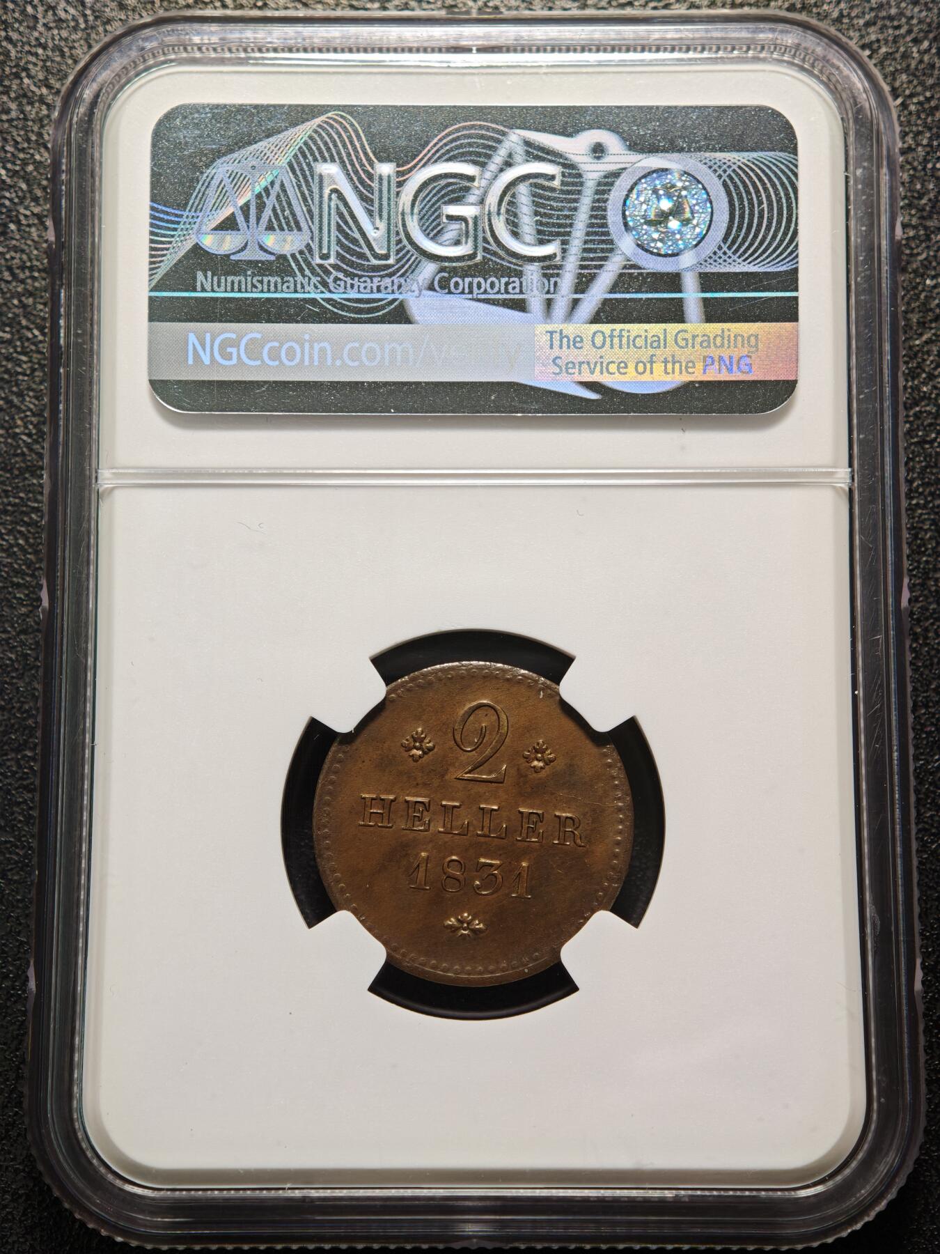 【德藏】世界币章拍卖第154期（拍品征集中~欢迎藏友联系） 1831年 德国黑森拉塞尔2赫勒铜币 NGC UNC 稀少品种 难得unc好品