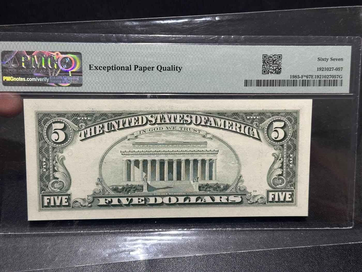 《外钞收藏家》第五百八十七期（精选场）（本平台长期征集拍品、欢迎藏友们联系合作） 1995年美国小头版5美元 PMG67 无47倒置号 补号