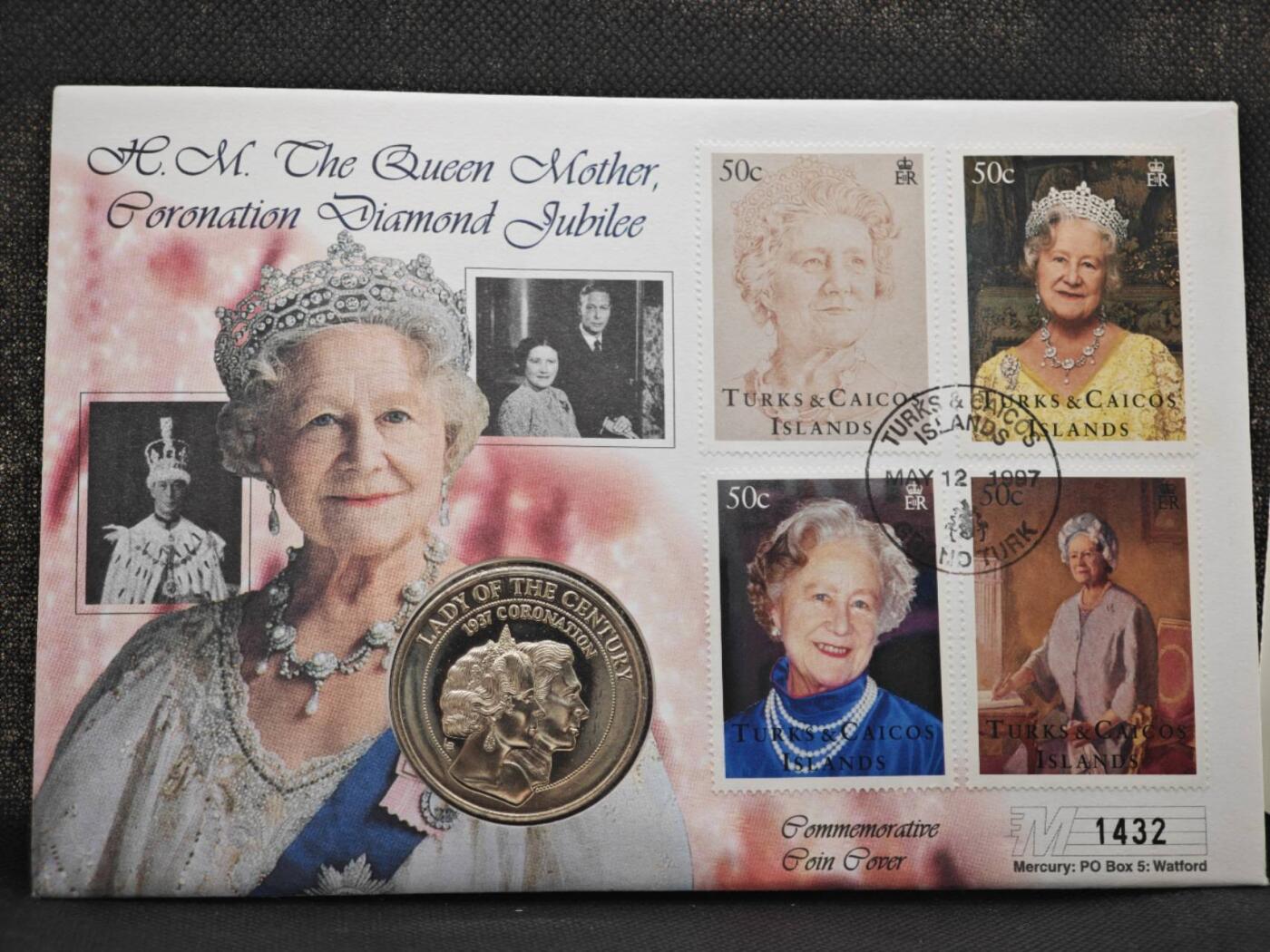 【淘币小摊】限时拍第八百零七拍  克朗币邮币封场  满百包邮可预留两周  周一统一发货   特克斯凯科斯1997年女王金婚5克朗纪念币邮币封