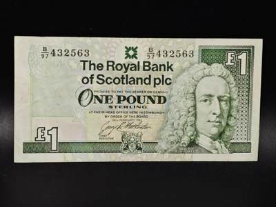 【淘币小摊】限时拍第八百零五拍  纸币场  满百包邮可预留两周  周一统一发货  - 苏格兰皇家银行1993年一镑纸币【有折】