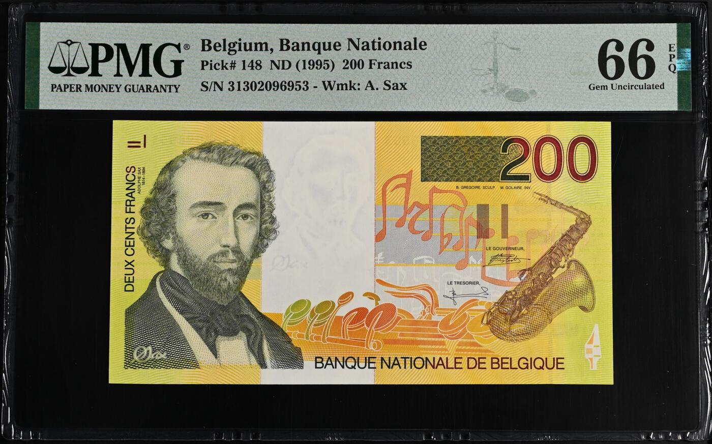 《艾美收藏》第221期-11.23周日黄金场精品荟萃 比利时1995年200法郎PMG66E长号段无47 比利时乐器制造家萨克斯