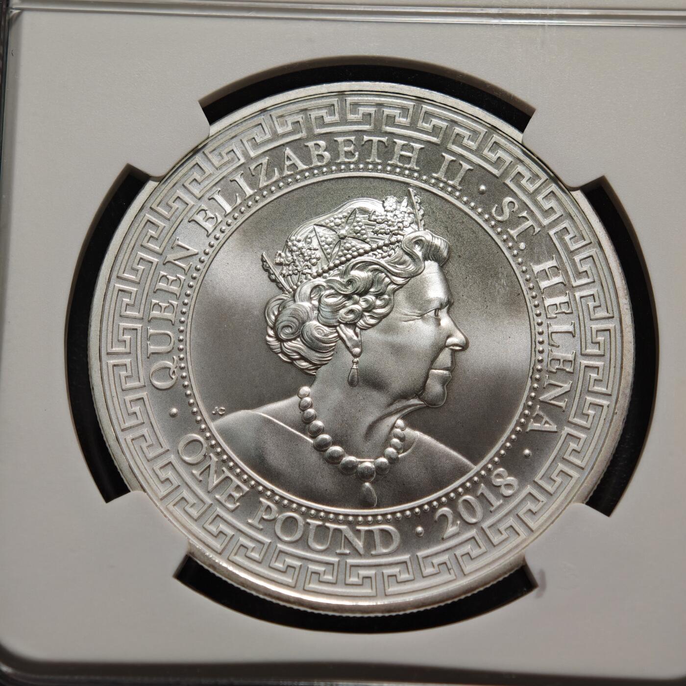 【德藏】世界币章拍卖第154期（拍品征集中~欢迎藏友联系）  2018年 圣赫勒拿 东印度公司英国贸易银币。NGC MS69 站洋图案，面值1磅。非常少见，发行量仅10000枚，值得收藏。