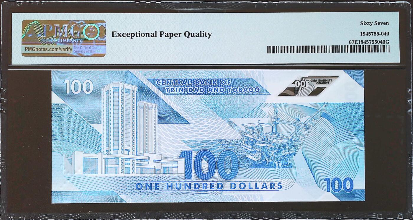 世界靓号纸钞第七十八期 2019年特立尼达和多巴哥100元 最大面值 豹子号777 PMG67