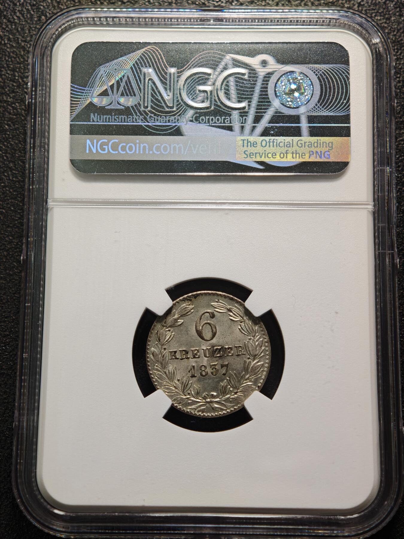【德藏】世界币章拍卖第154期（拍品征集中~欢迎藏友联系） 1837年 德国拿骚6克洛泽银币 NGC MS65 顶级原光Gem Bu好品好状态