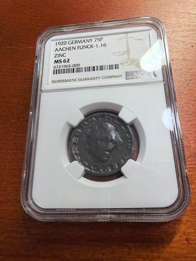 长老汇蛇年精选第七十七场拍卖 - 1920 德国德紧亚琛75芬尼锌币，NGC MS62