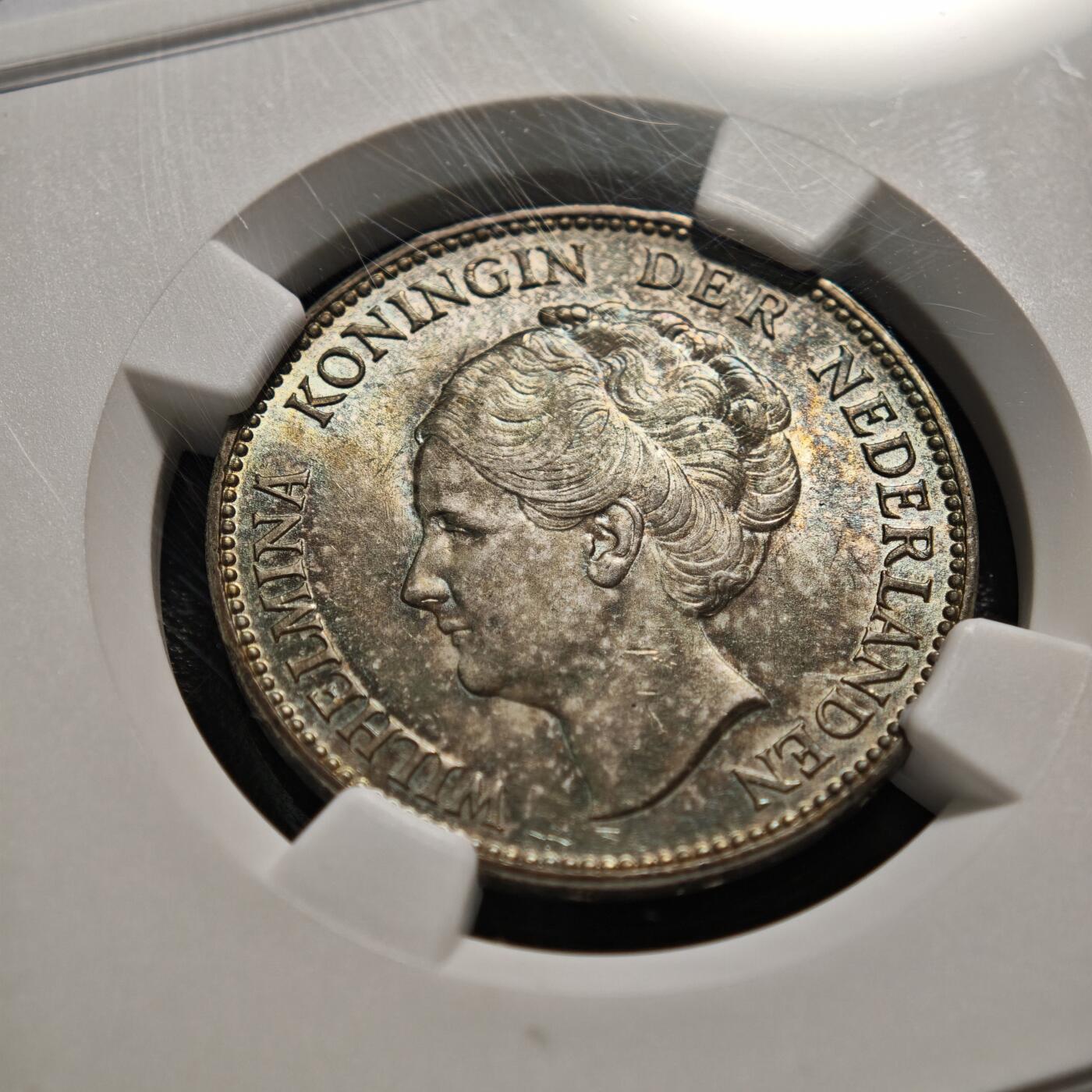 【德藏】世界币章拍卖第154期（拍品征集中~欢迎藏友联系） 1939年 荷兰女王威廉明娜1盾银币 NGC MS64 酱彩包浆 品相状态一流