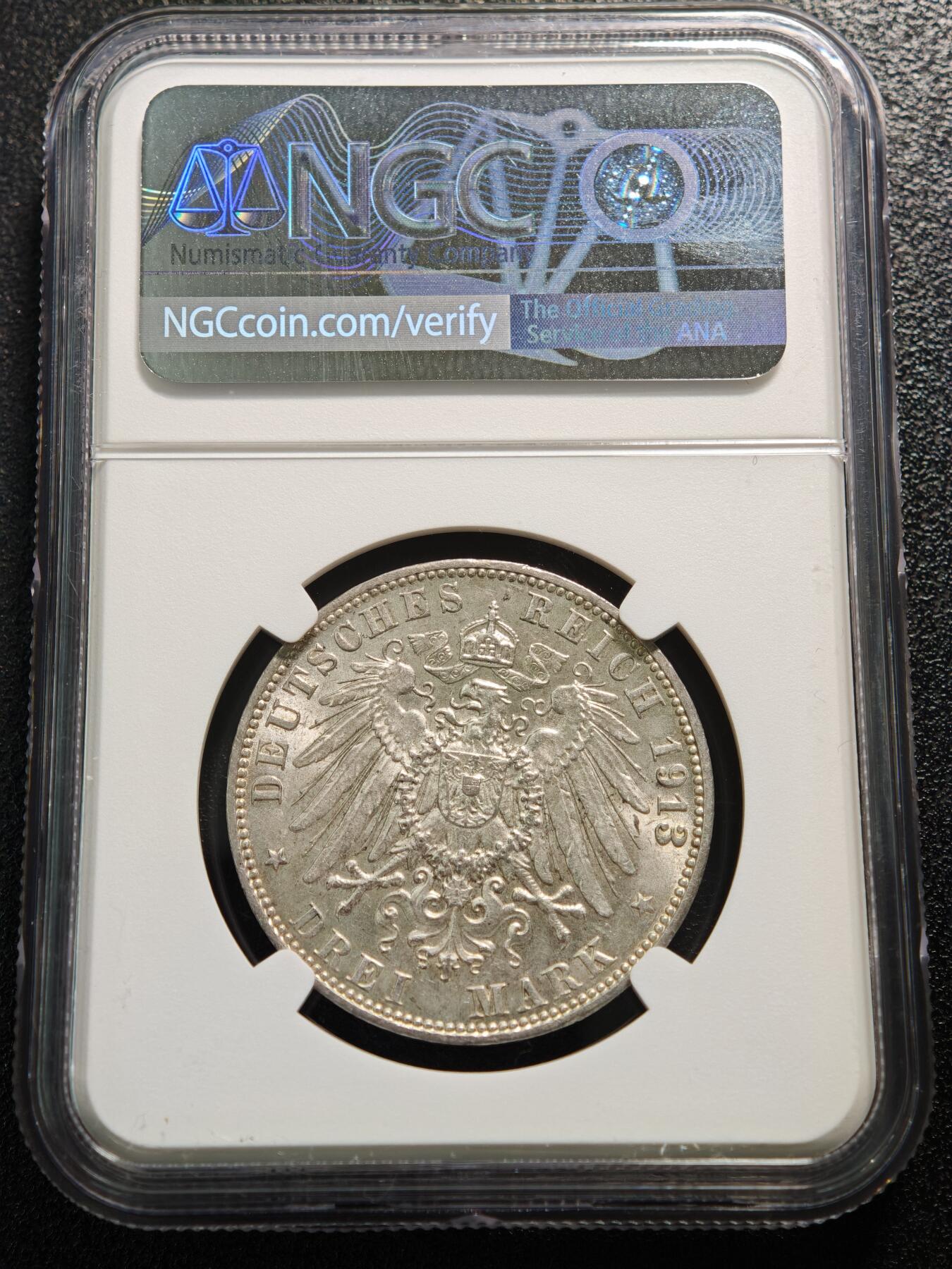 【德藏】世界币章拍卖第154期（拍品征集中~欢迎藏友联系） 1913年 德国汉堡双狮3马克银币 NGC MS63 原光黄油彩包浆 品相状态非常棒