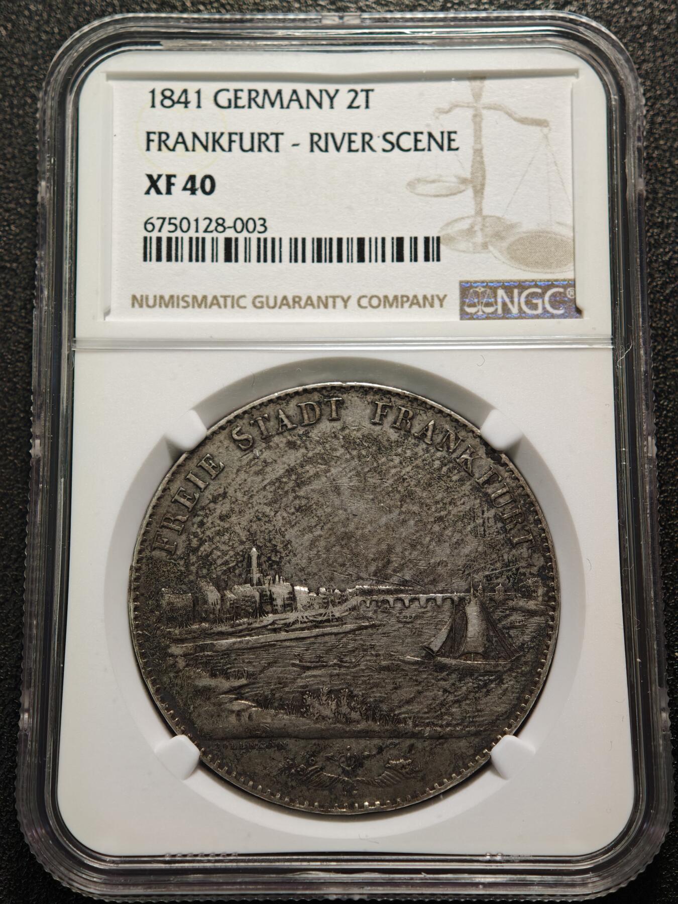 【德藏】世界币章拍卖第154期（拍品征集中~欢迎藏友联系） 1841年 德国法兰克福城市景观2泰勒银币 NGC XF40 原味包浆 热门经典品种 