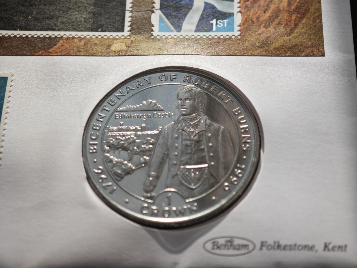 【淘币小摊】限时拍第八百零七拍  克朗币邮币封场  满百包邮可预留两周  周一统一发货   马恩岛1996年罗伯特200周年克朗纪念币邮币封