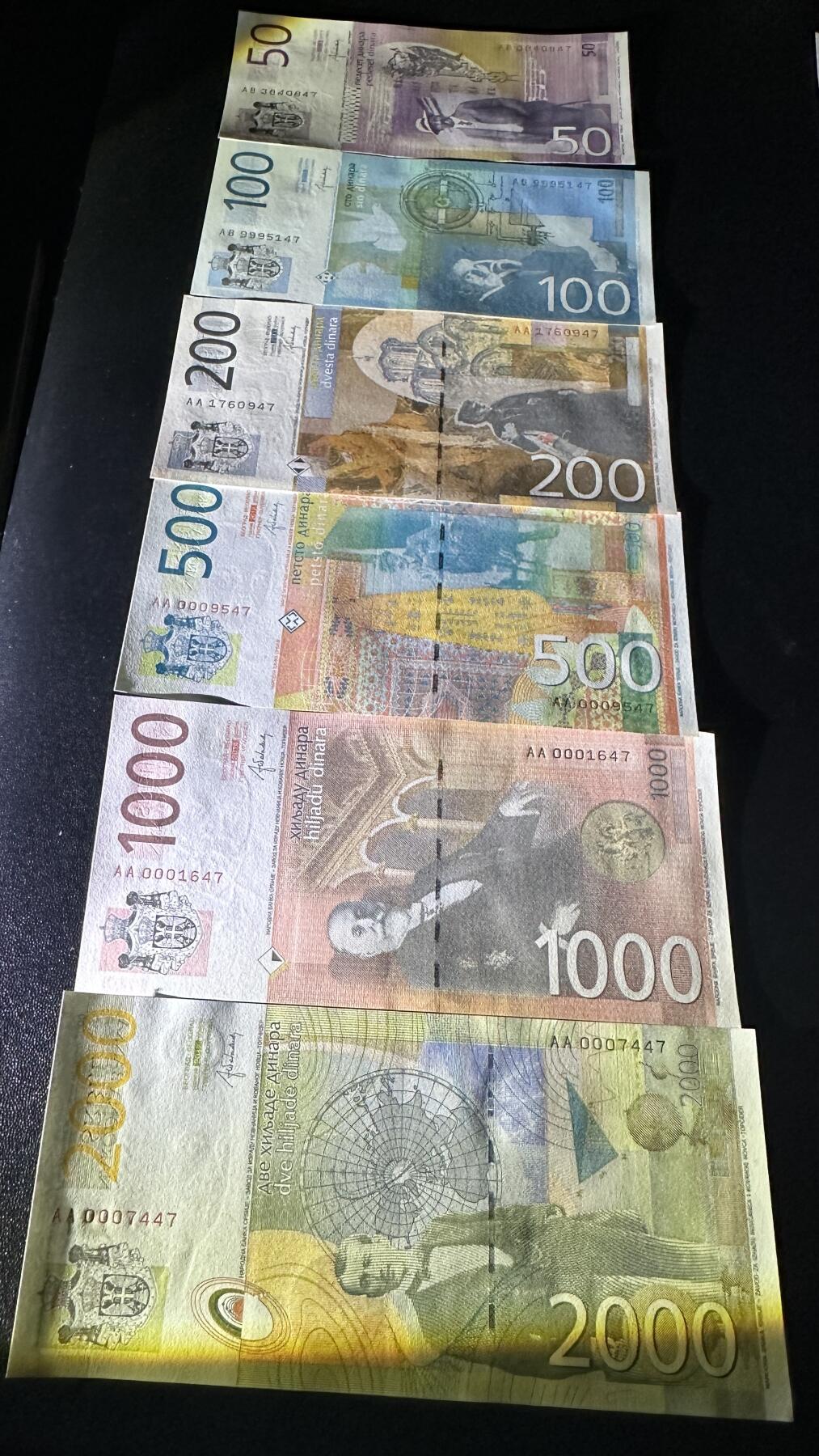 《外钞收藏家》第五百八十七期（精选场）（本平台长期征集拍品、欢迎藏友们联系合作） 2014年塞尔维亚50-2000第纳尔 六张一起 全新UNC 尾两同47 有4张是千位号 AA冠