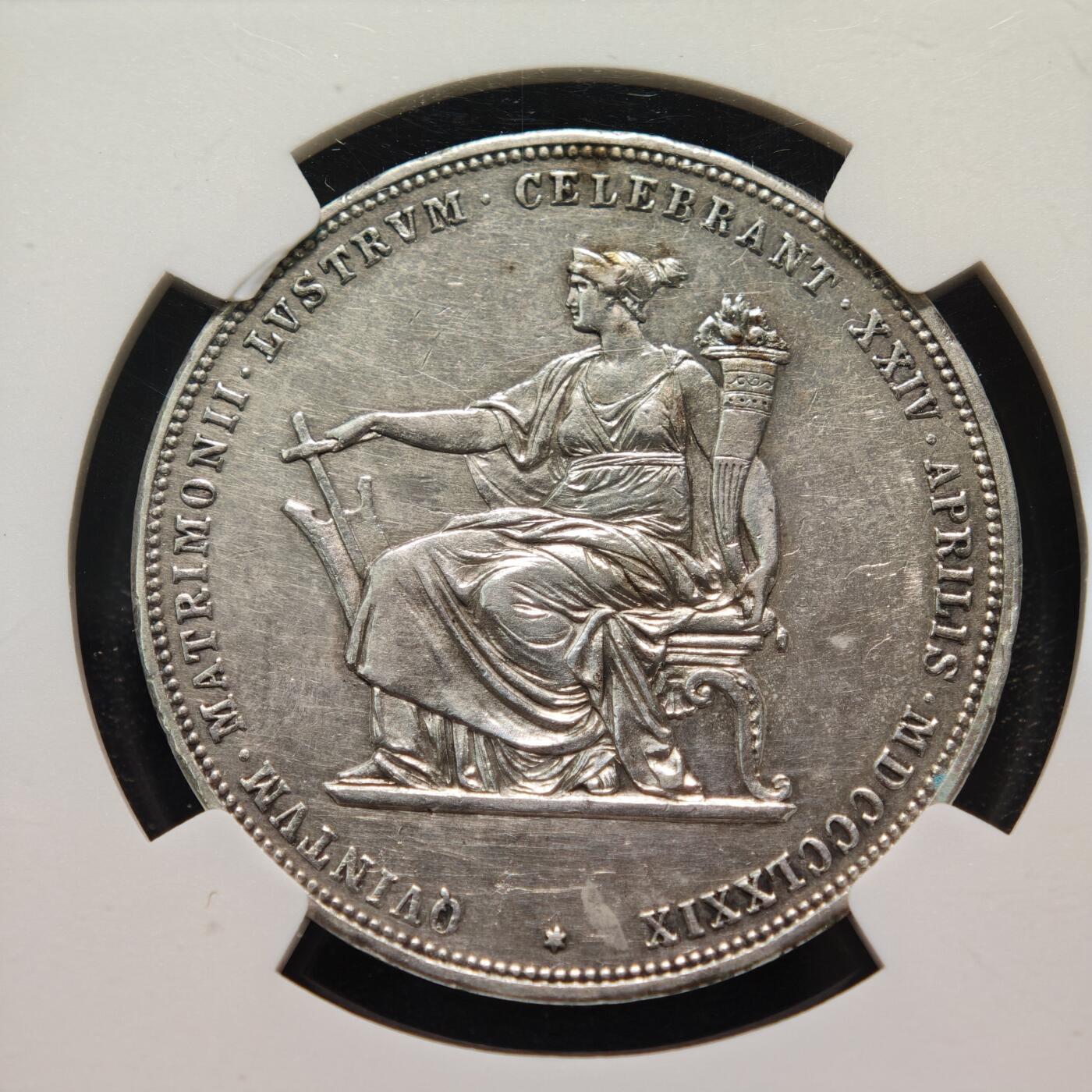 【德藏】世界币章拍卖第154期（拍品征集中~欢迎藏友联系） 1879年 奥地利弗朗茨约瑟夫与茜茜公主结婚纪念2弗洛林银币 NGC UNC 细节不错 热门品种