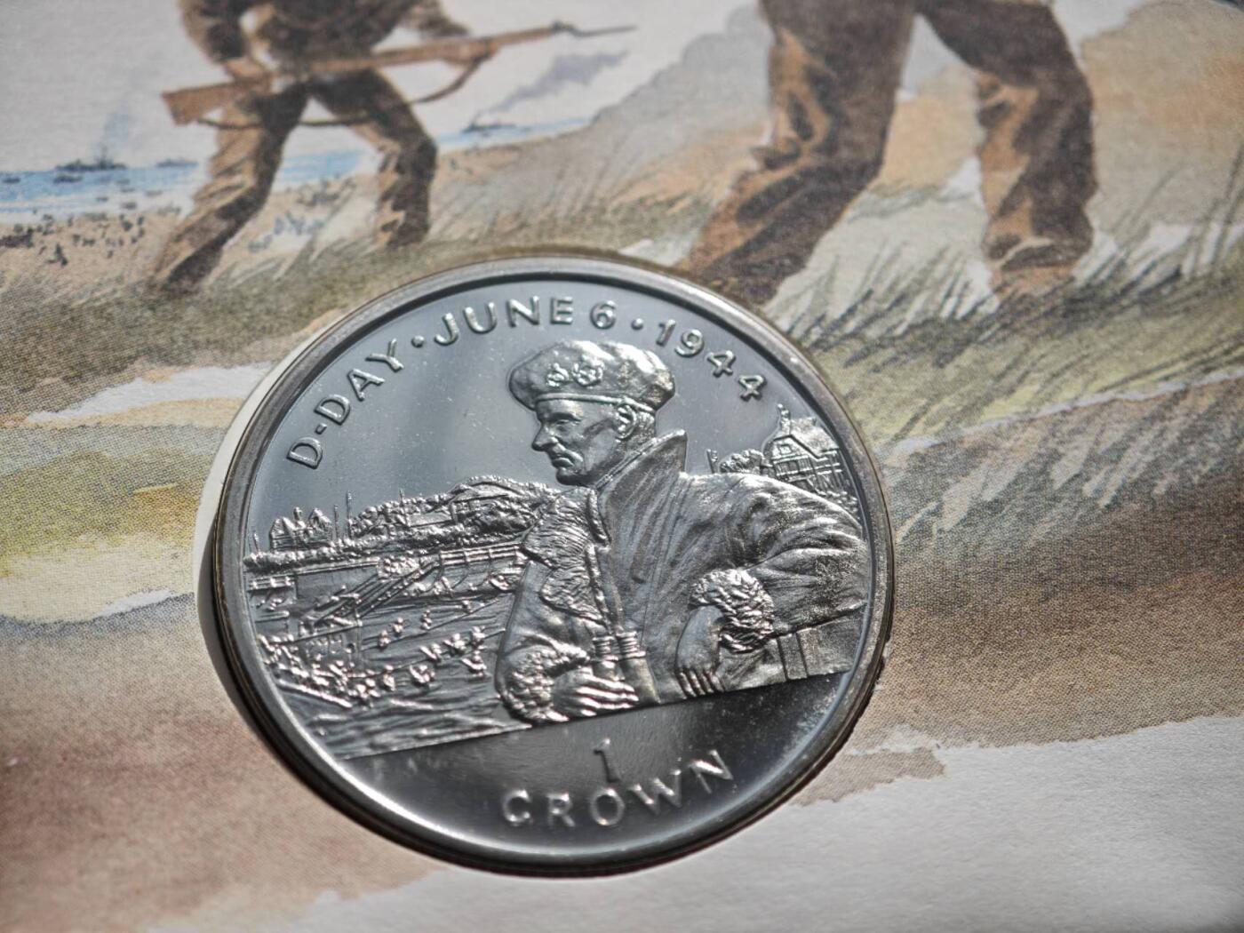 【淘币小摊】限时拍第八百零七拍  克朗币邮币封场  满百包邮可预留两周  周一统一发货    马恩岛1994年诺曼底登陆50周年克朗纪念币邮币封