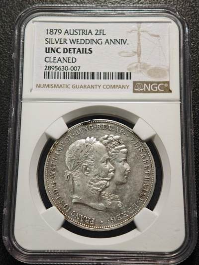 【德藏】世界币章拍卖第154期（拍品征集中~欢迎藏友联系） - 1879年 奥地利弗朗茨约瑟夫与茜茜公主结婚纪念2弗洛林银币 NGC UNC 细节不错 热门品种