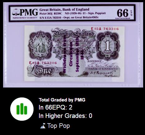 【Blue Auction】世界纸币精拍第754期——18级TOP拍卖/信誉/品质/专业/高效💫 【冠军分 仅2张罕见】英国 A序列 1941年1镑PMG66EPQ老壳 加盖 