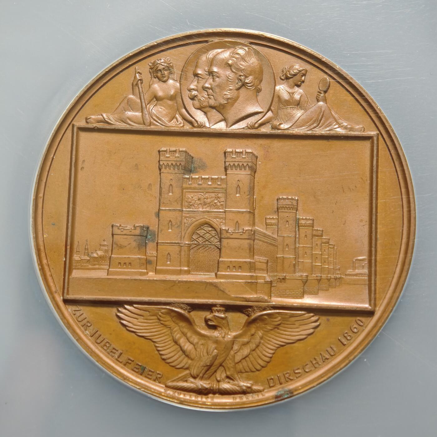 【德藏】世界币章拍卖第154期（拍品征集中~欢迎藏友联系） 1860年 德国普鲁士特切夫铁路大桥落成暨建市600周年纪念大铜章 51mm NGC MS63 设计精美大气 品相状态一流