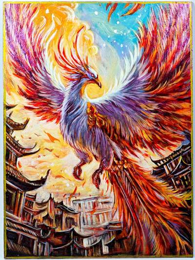 白泽拍卖卡牌手绘专场第29期（忽有故人心上过，回首山河已是秋） - 2025 贰叁手绘卡 凤鸣于天 尺寸：10cm*13.5cm  春秋蝉亲签