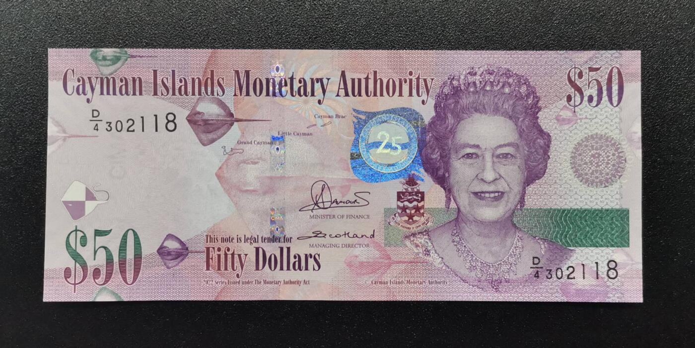 《艾美收藏》第221期-11.23周日黄金场精品荟萃 开曼群岛2023年D4冠50元UNC-荧光 尾8 金融管理局25周年纪念钞