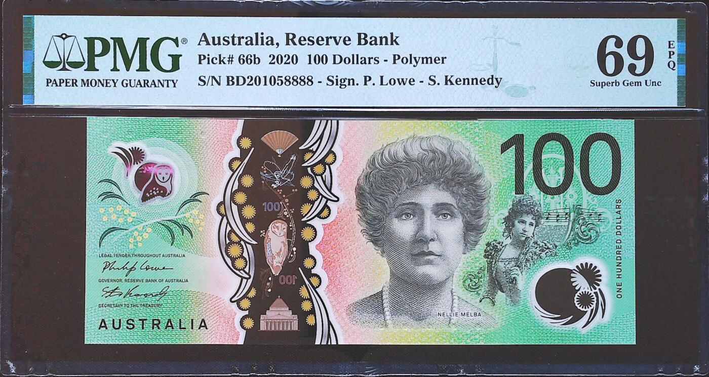 世界靓号纸钞第七十八期 2020年澳大利亚100元 最大面值 全程无3457 超级靓号 全程无347 狮子号8888 PMG69 超高分 可遇不可求的靓号高分 