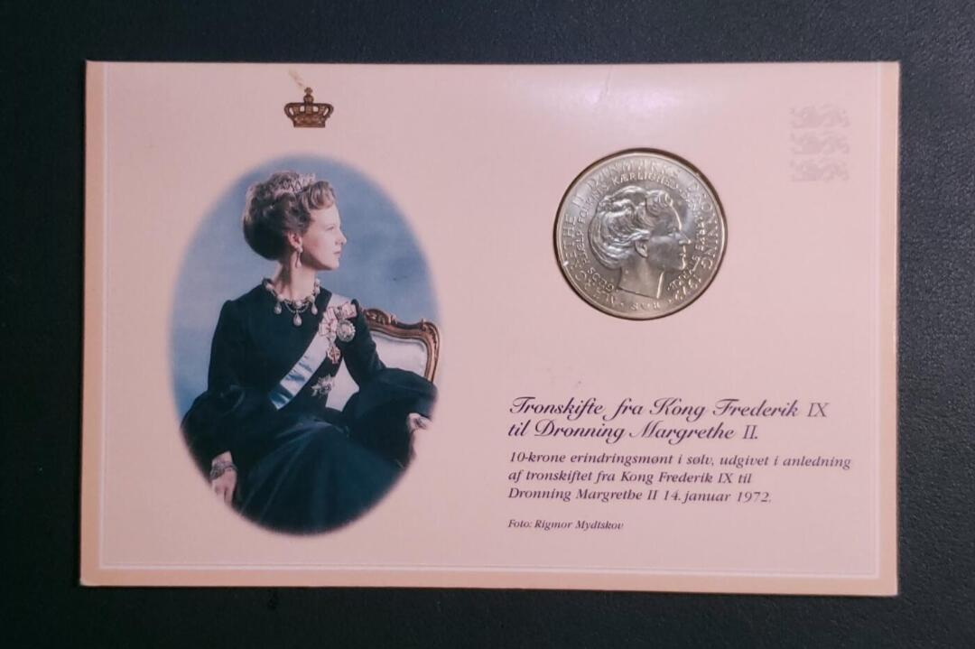 原册装 1972年丹麦玛格丽特二世登基10克郎纪念银币