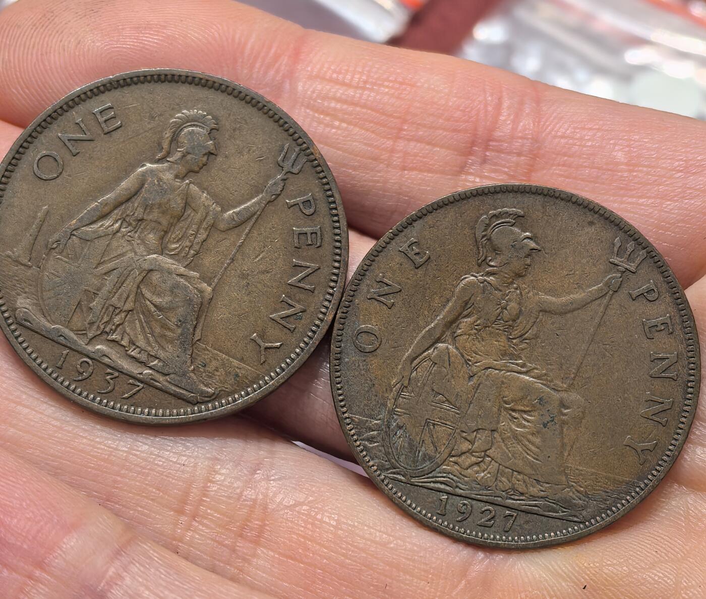 南宋泉阁俄币 外币 国币 专场第十九期 【送拍无额外佣金】 英国 1927/1937年 乔治五世1便士/乔治六世1便士铜币一对 通货好品 老包浆