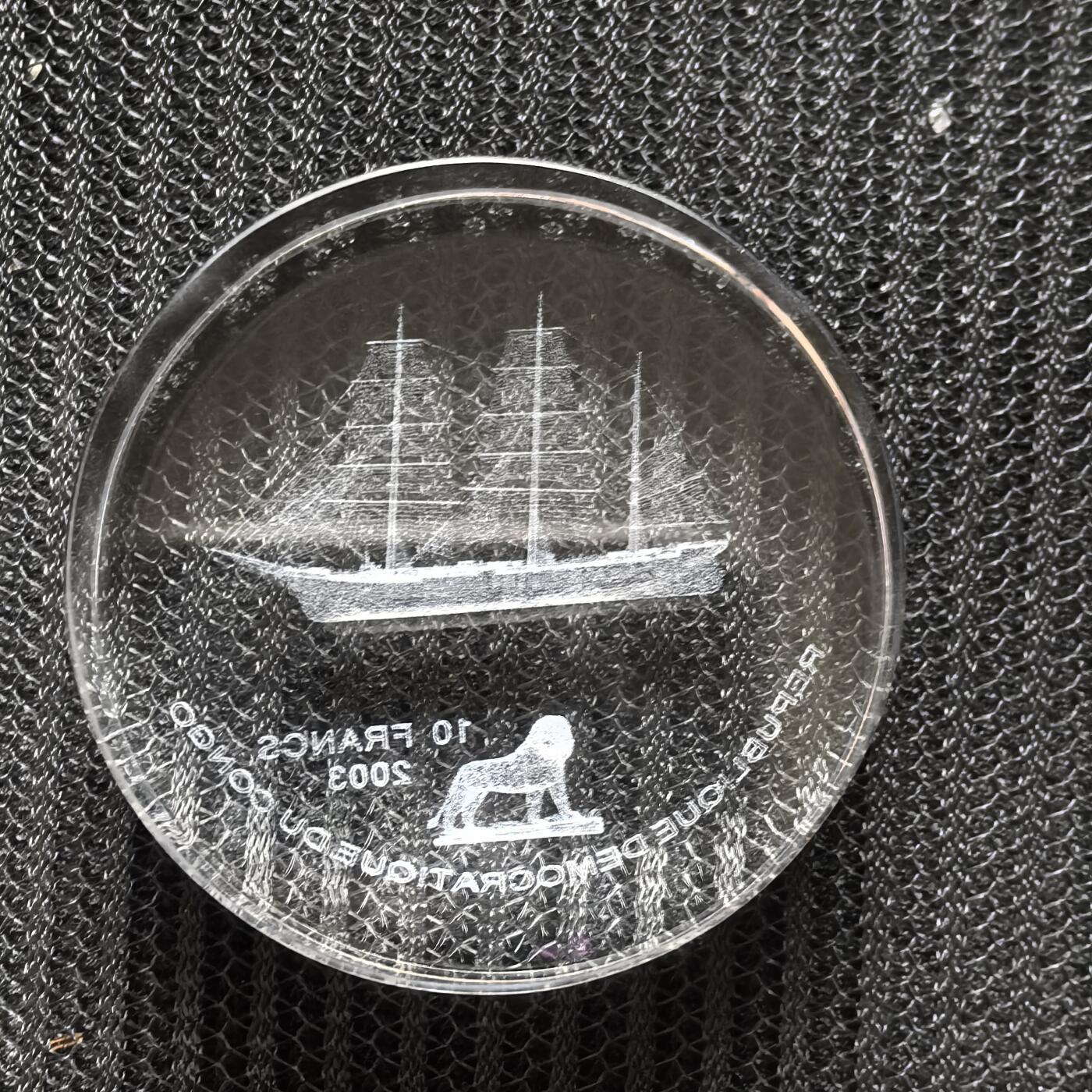 道一币馆币章第一百五十六场 原盒证 刚果金2003年训练舰戈尔什·福克号下水45周年10法郎丙烯酸纪念币